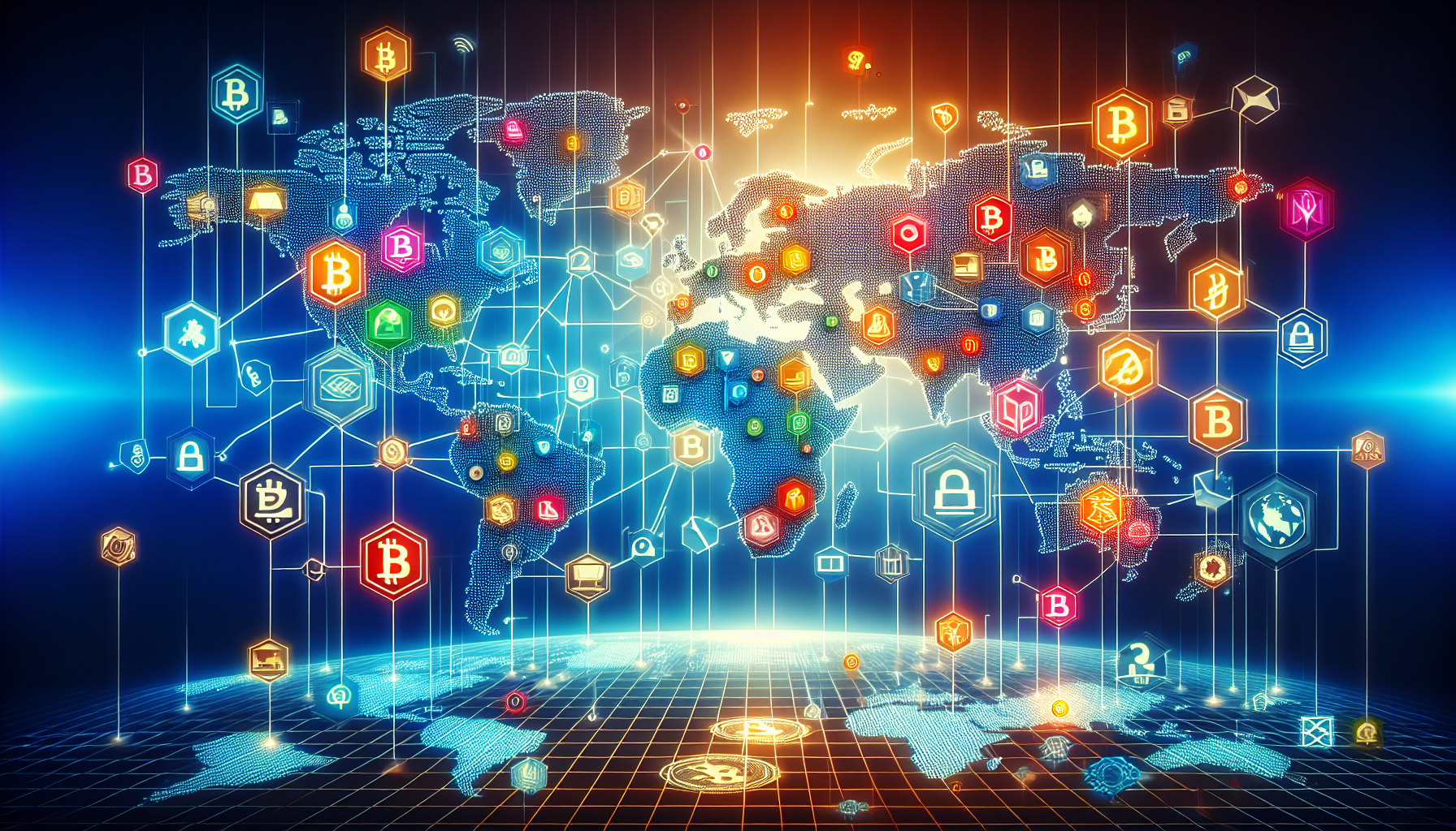 Create an image showcasing a digital world map with highlighted icons of various online platforms that allow the purchase of cryptocurrencies without verification. Each platform icon is connected by sleek network lines, symbolizing the global reach and decentralized nature of these services. Include stylized graphics of blockchain symbols and cryptocurrency logos, emphasizing the cutting-edge technology involved. The overall tone should be modern, secure, and user-friendly, reflecting the accessibility and appeal of these platforms for buying crypto without verification.
