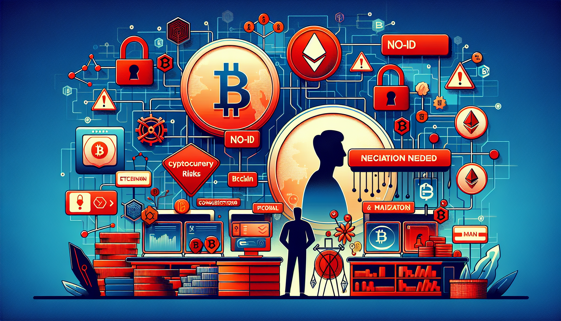 Create an image that visually represents the concept of purchasing cryptocurrency without verification, highlighting the associated risks and considerations. The scene should depict a digital marketplace filled with various cryptocurrencies like Bitcoin and Ethereum, with a shadowy figure in the foreground considering buying without identification. Surround the marketplace with symbols of potential risks such as digital security breaches (like broken locks and warning signs), legal scales to signify legal implications, and a protective shield to represent strategies for mitigating risks. Use a color palette that evokes caution, such as reds and oranges, to emphasize the potential dangers involved.