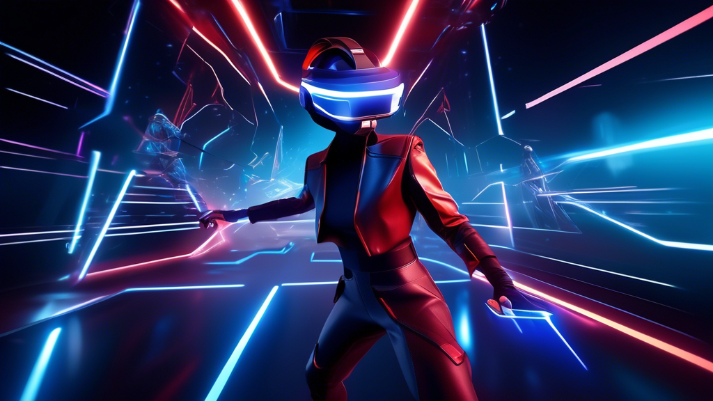 Create an image of a futuristic gaming environment where a player is fully immersed in Beat Saber on PSVR2. The setting features the player, equipped with the state-of-the-art PSVR2 headset and motion controllers, enveloped in vibrant, dynamic lights syncing with pulsating music. Capture the precision of saber slicing as their movements are flawlessly tracked, highlighting the responsiveness and fluidity brought by the technology advancements of PSVR2. The scene exudes energy and excitement, showcasing the enhanced gameplay experience with colorful beams cutting through the air, accentuated by a holographic display of score and feedback in the background.