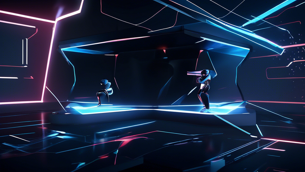 Create an image of a futuristic tech guidebook titled Mastering Beat Saber: Your PSVR2 Journey, featuring a holographic display that outlines step-by-step instructions. The guidebook is set in a sleek virtual reality environment with floating panels showing tips for beginners and advanced strategies for experienced players. Include visual elements such as gaming headsets, dynamic saber movements, and vibrant beats visualizations pulsing in rhythm. Capture the interactive, immersive essence of diving into Beat Saber on the PSVR2 platform.