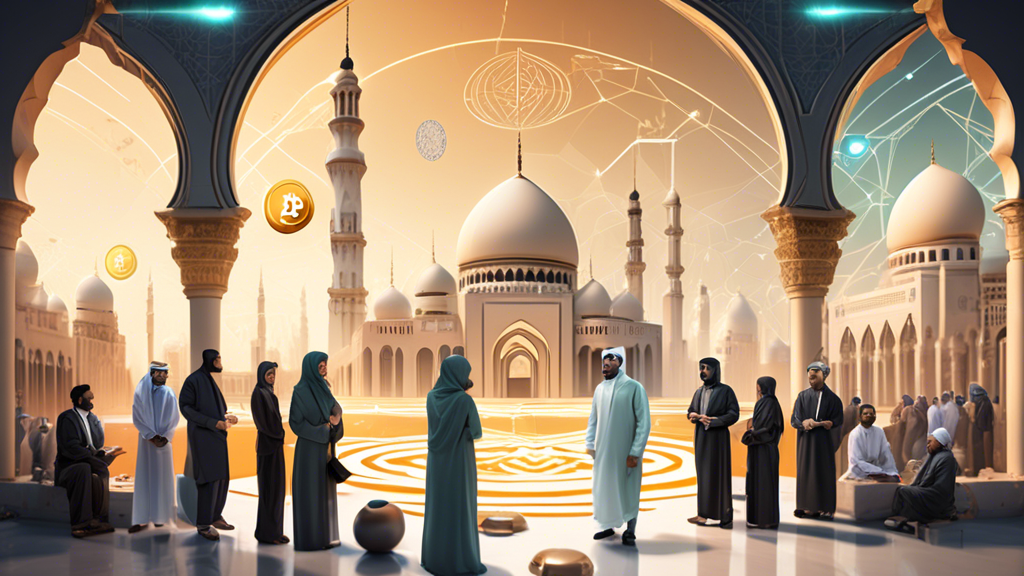 Create an image that illustrates the future prospects and challenges in merging Islamic finance with cryptocurrency. The scene should depict a futuristic financial landscape, with a mix of traditional Islamic architecture and modern cryptocurrency symbols. In the foreground, show diverse groups of people engaging in discussions, representing regulatory, technological, and cultural stakeholders. Include visual elements that symbolize growth opportunities, such as digital networks connecting emerging market regions with established financial centers. The atmosphere should be dynamic, reflecting innovation and the potential for transformation within the global financial system. Use light and color to convey optimism and progress.