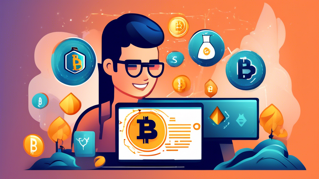 Create an informative and visually engaging illustration depicting the concept of safe practices for earning free cryptocurrency without deposit. The image should include visual elements like a secure wallet, shield icons representing safety, and a person using a computer to explore various crypto platforms. Incorporate symbols of cryptocurrency, such as Bitcoin and Ethereum, along with warning signs for scams. The overall tone should convey a sense of security and trustworthiness, blending futuristic elements to suggest trends in the crypto space.