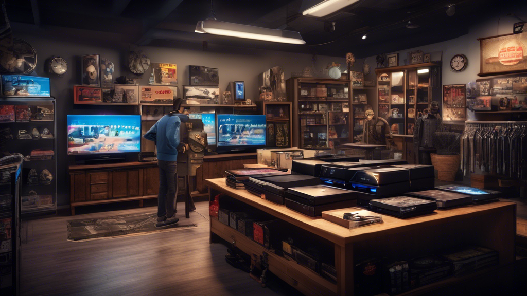 Create an image that visually represents tips for scoring the best deals on a pawn shop PS4. The scene should include a cozy pawn shop interior, showcasing a well-organized display of gaming consoles, including a PS4. Highlight a buyer examining a PS4 console, checking its condition and functionality with a small flashlight. In the background, display a clock indicating the best shopping times, like early morning or late afternoon. Include a price tag with a negotiation symbol and a thought bubble above the buyer