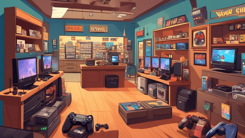 Create an illustration depicting a cozy and inviting local pawn shop interior filled with various gaming consoles, including a prominently displayed PlayStation 4. The scene should show a diverse group of happy customers interacting with friendly pawn shop staff, examining both the PS4 console and a selection of rare video games and accessories. Include elements like shelves lined with game boxes, a charming counter with a display case, and posters of popular video games on the walls. The atmosphere should convey a sense of excitement and discovery, emphasizing the potential for great deals in a friendly, community-oriented environment.