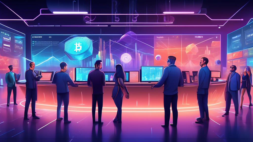 **DALL-E Prompt:** Create an informative and visually engaging illustration depicting a futuristic cryptocurrency market. The scene should include a diverse group of experts engaged in discussion, surrounded by digital screens displaying graphs and charts with trending cryptocurrencies. Incorporate visual elements representing technological advancements like blockchain, upcoming events such as tech conferences, and both long-term and short-term investment strategies. Use vibrant colors and a modern design to convey a sense of innovation and progress in the cryptocurrency landscape of 2022.