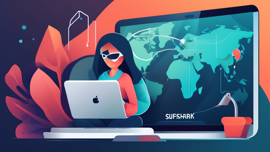 Create a visually striking image that represents the benefits of using Surfshark VPN for online security. The scene should feature a person using a laptop in a cozy environment, with a digital shield symbol surrounding them to symbolize data protection and privacy. Incorporate elements like a globe to represent access to geographically restricted content, and visual cues of cybersecurity, such as locks or chains breaking. The overall mood should convey a sense of safety and freedom in the digital world. Include the phrase 