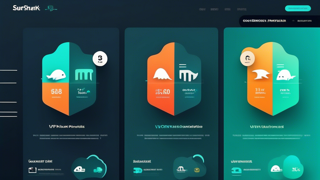 Create an image that visually represents a comparison chart between Surfshark VPN and other VPN services in the market. The chart should include elements like pricing plans, speed performance indicators, and user testimonials in a visually engaging format. Use a modern, tech-inspired design with icons or symbols for VPN features, and a sleek color palette that conveys a sense of security and reliability. Include the keyword 