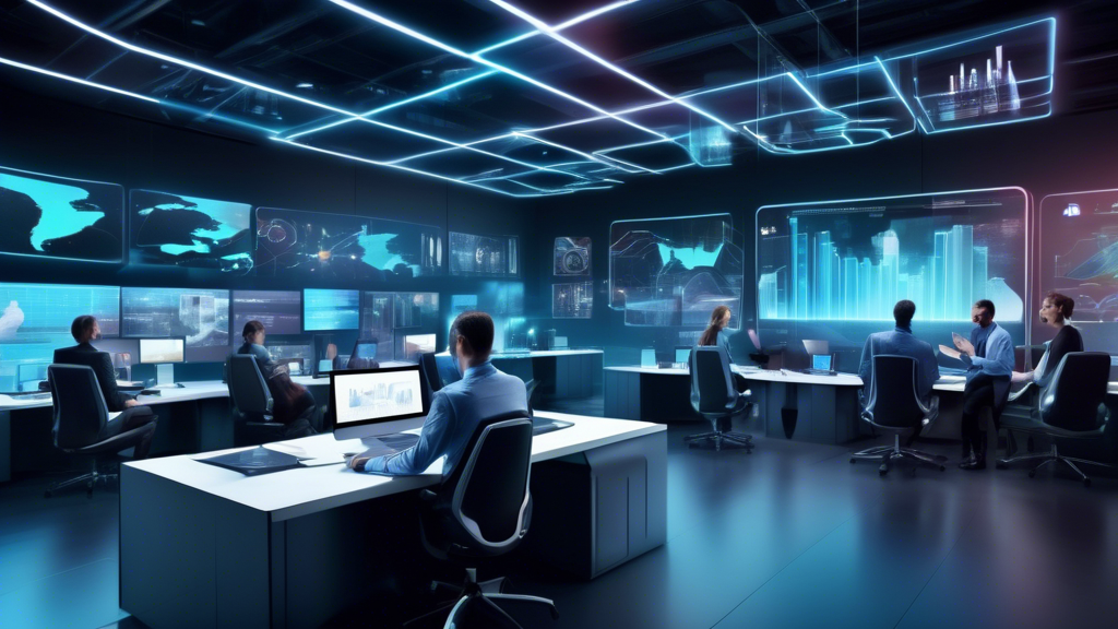 Create an image of a futuristic business office setting where a diverse team of professionals is utilizing Meta Quest Pro headsets. They are surrounded by holographic displays showing advanced analytics and data visualizations. The scene captures a dynamic and productive atmosphere, with the team analyzing data, optimizing workflows, and discussing insights. Include subtle cues of charts, graphs, and infographics seamlessly integrated into the office environment, illustrating the transformation in productivity and decision-making. The image should convey innovation, efficiency, and the cutting-edge technology of Meta Quest Pro as a powerful tool in a modern business setting.