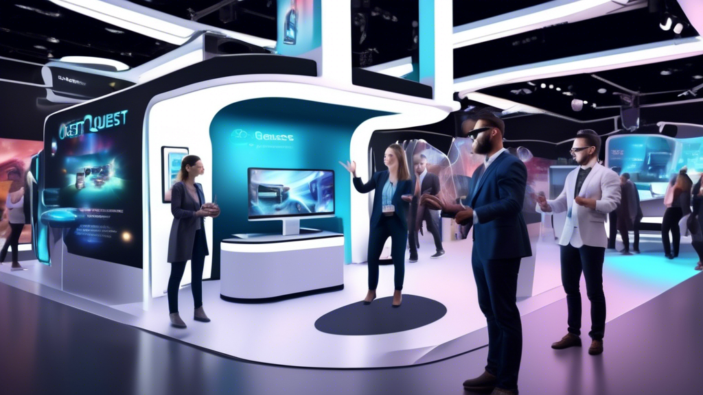 Create an image illustrating a futuristic gadget demonstration booth where customers are interacting with virtual and augmented reality displays showcasing Meta Quest Pro