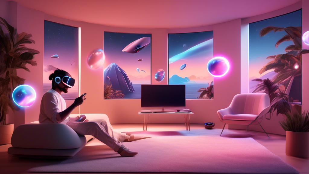 Create an image depicting a modern adult-friendly living room with a person immersed in using the Oculus Quest 2 headset. The scene should highlight a variety of popular games and apps tailored for adults on the Oculus Quest 2. Depict dynamic digital holograms floating around the person, showcasing adventure game landscapes, brain-teasing puzzles, and digital productivity tools. The atmosphere should convey relaxation and engagement, with virtual elements blending seamlessly into the sophisticated room setting, offering a glimpse of how these applications enhance the adult VR experience through relaxation, education, and skill-building. Include subtle atmospheric lighting to emphasize the futuristic and immersive technology.