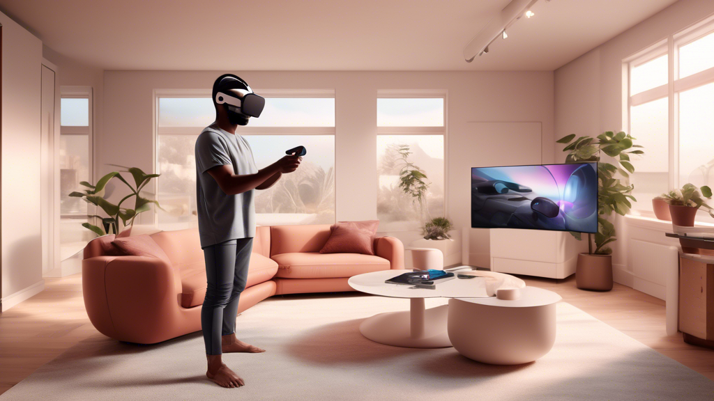 Create an image of an adult setting up their Oculus Quest 2 in a modern living room. The scene should depict the person carefully adjusting the headset while surrounded by high-tech gadgets and a sleek, minimalist interior design. Include a digital user interface overlay showing settings adjustments, app installations, and customization options. Design the environment to reflect an adult’s tasteful and vibrant space, ensuring a focus on maximizing their immersive VR experience. Highlight elements that convey safety tips, best practices, and access to exclusive adult content.