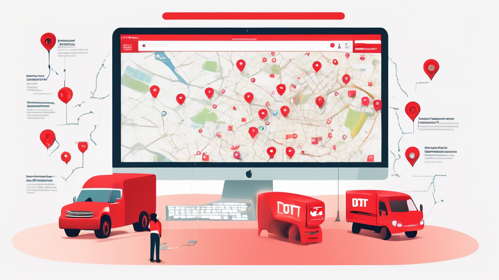Create an image of a computer screen displaying a map with red location pins, symbolizing nearby DOT screening facilities. The computer is surrounded by digital icons representing search engines and tools, with a person thoughtfully analyzing the screen. The background shows a subtle road map, indicating transportation and logistics, while the text Effortlessly Locate DOT Screening Near Me floats above the setup in a modern and clear font. The scene should convey the ease and accessibility of finding DOT screening locations online.