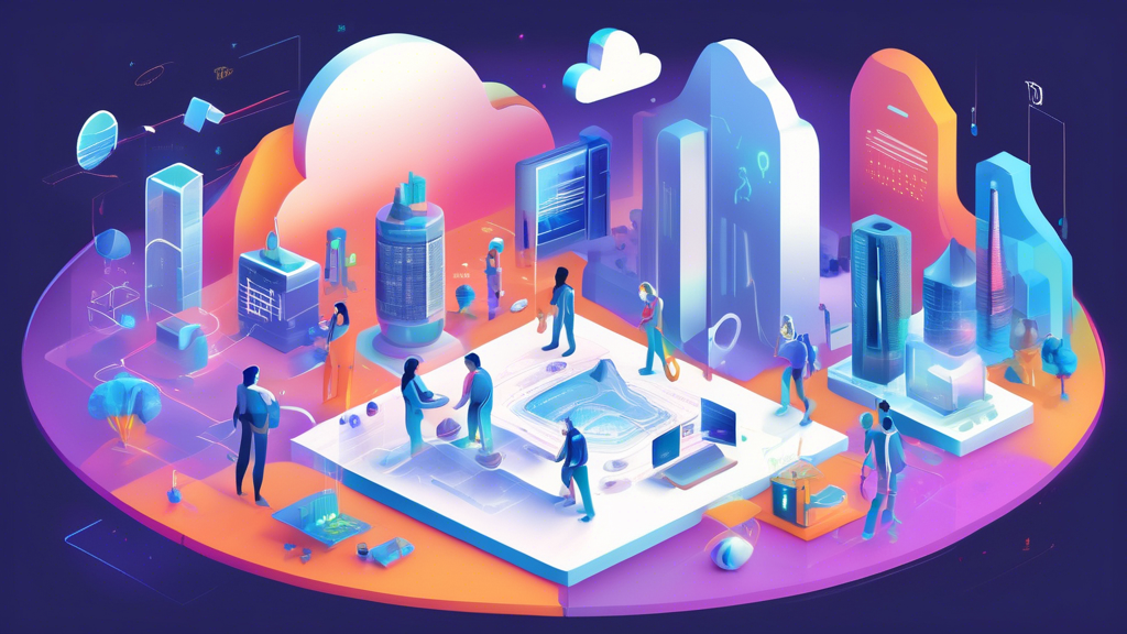 Create an illustration depicting a futuristic landscape showcasing the evolution of the Google platform. In the foreground, highlight developers and users interacting with advanced technologies like cloud computing and data analytics tools. Include visual elements representing upcoming trends such as AI-driven features, smart home integration, and seamless connectivity. Surround the scene with holographic displays featuring graphs and icons that symbolize innovation, opportunities, and challenges in a digital ecosystem. The overall atmosphere should convey excitement and potential for future developments within the Google platform.