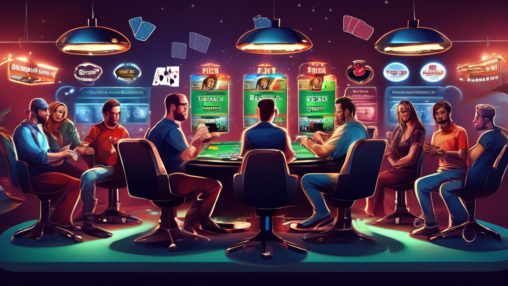 Create an engaging and detailed illustration that represents an in-depth review of various online poker sites for 2023. The image should feature a diverse group of players sitting at virtual poker tables, each showcasing different online poker sites on their screens, with elements highlighting the pros and cons of each site. Incorporate visual indicators like star ratings, user ratings, and unique site features in a dynamic and colorful layout. Emphasize a sense of excitement and competition, capturing the essence of online poker gaming in 2023. Include visual elements that suggest user experiences, such as chat bubbles or thumbs up/down icons, to reflect player feedback.