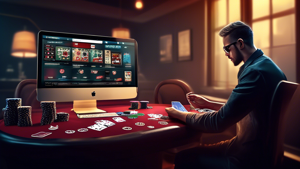 Create an illustrative image that visually represents the tips for choosing the best online poker site tailored to individual needs. The scene should include a thoughtful player sitting at a desk, surrounded by poker chips and cards, analyzing different poker websites on a laptop. Incorporate visual elements that symbolize personal preferences, such as charts depicting skill levels and playing styles, safe banking practices like padlocks or shields, and icons representing responsible gaming. The overall atmosphere should convey a sense of strategic decision-making and personalized gaming experience.