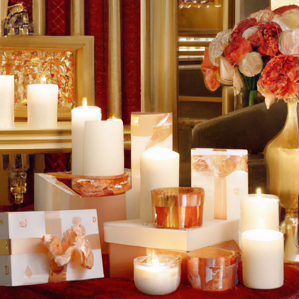 Create an image that captures the essence of gifting Voluspa Christmas candles during the holiday season. The scene features a beautifully wrapped Voluspa candle gift set adorned with elegant ribbons and bows, set against a festive backdrop of a cozy, warmly lit room. The gift set, showcasing a range of Voluspa