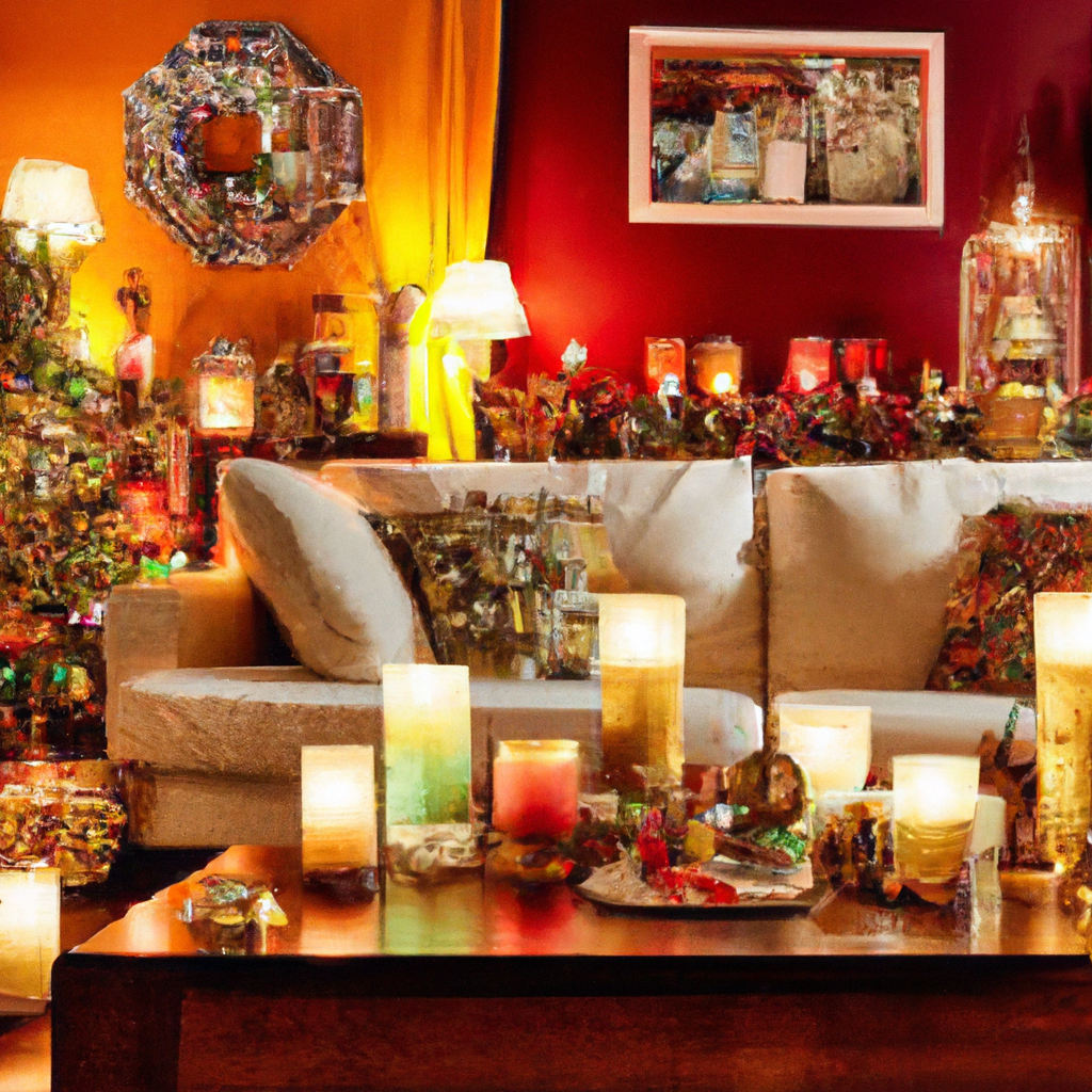 Prompt: Create a cozy and festive interior scene featuring a beautifully decorated living room for the holidays. The room is warmly lit by an array of elegantly designed Voluspa Christmas candles, strategically placed around the space to enhance the holiday decor. The candles in various styles and colors are harmoniously paired with traditional holiday decorations like garlands, ornaments, and a twinkling Christmas tree. The atmosphere is inviting, with the soft glow of candlelight reflecting off textured surfaces, exuding warmth and a sense of holiday magic. Capture the essence of the Voluspa Christmas candles