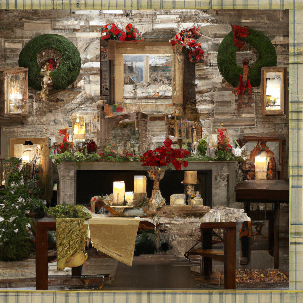 Create a cozy and festive holiday scene showcasing a beautifully decorated living room. The focal point is an elegantly arranged mantel adorned with an assortment of Christmas candlesticks in various shapes and sizes, surrounded by lush greenery, twinkling fairy lights, and richly colored festive ribbons. The room is styled with classic holiday decor elements, capturing the spirit of the season. Highlight the innovative placement of candlesticks across the mantel, flanked by stockings and ornaments, to emphasize their role as both functional and decorative pieces in a warm and inviting atmosphere.