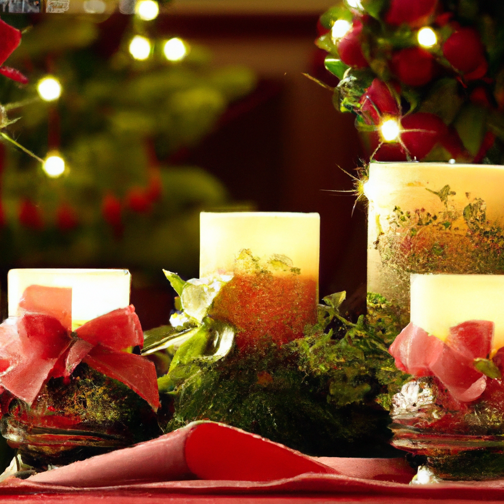 Create a cozy holiday scene showcasing a variety of beautifully designed Christmas candlesticks on a mantelshelf, bathed in warm candlelight. Include festive greenery and decorative ribbons artfully arranged around the candlesticks. Emphasize the theme of safety by illustrating a safe distance between the candlestick flames and the surrounding decorations. The image should also display a maintenance kit nearby, subtly indicating polish supplies and a soft cloth. Finally, depict an assortment of suitable candles in soothing colors that complement the aesthetic, creating a harmonious and safe holiday ambiance.
