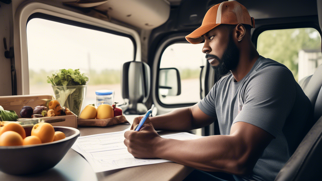 Create an image that depicts a commercial truck driver preparing for a DOT Medical Card Exam. The scene should include a cozy home setting with the driver sitting at a desk surrounded by healthy foods, exercise equipment like dumbbells, and neatly organized medical forms and documentation. The driver appears focused and motivated, glancing over a checklist. Capture the essence of a balanced lifestyle, with uplifting elements like a potted plant and a motivational poster on the wall that reads Stay Healthy, Drive Safe. The image should convey a sense of readiness and confidence in preparing for the medical examination.