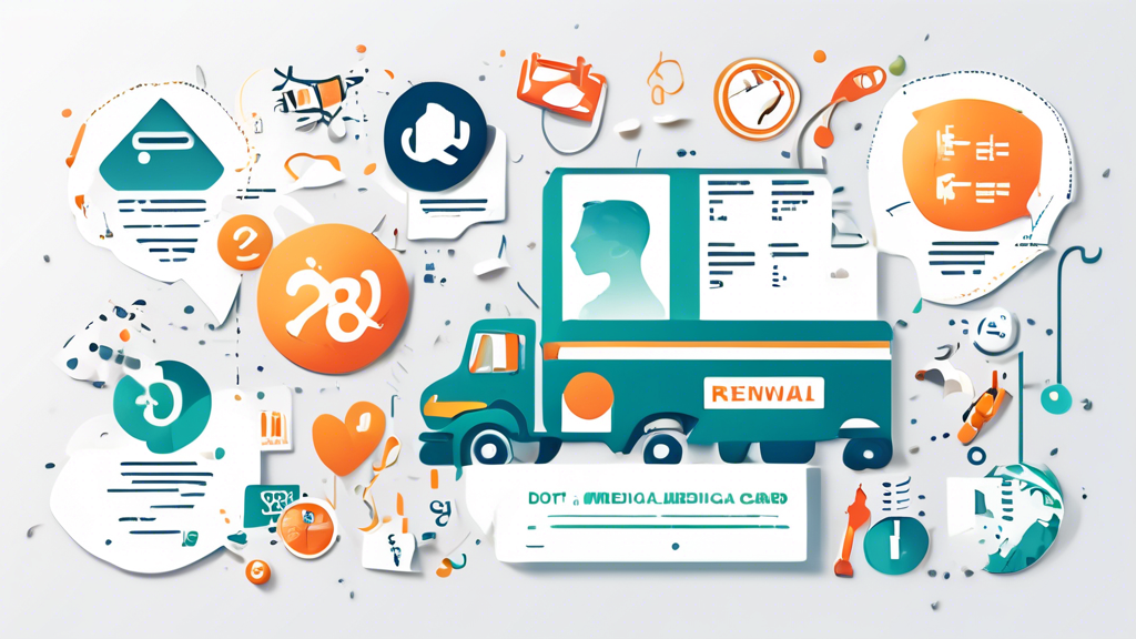 Create an image depicting a collage of frequently asked questions about the DOT Medical Card Exam. In the center, illustrate a large question mark surrounded by smaller icons representing popular questions, such as a dollar sign symbolizing cost, a calendar indicating exam frequency, and a document depicting renewal procedures. Include visual elements like a stethoscope and a commercial truck to emphasize the medical and driving aspects. The background should be a soft blend of calming colors, suggesting clarity and support.