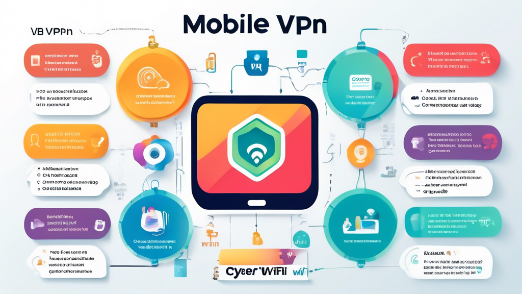 Create an infographic that visually represents the key benefits of using a Mobile VPN for secure browsing. Include elements such as protection of online privacy, data security, access to geo-restricted content, safe surfing in public Wi-Fi networks, and avoidance of cyber threats. Use vibrant colors, icons, and concise text to make the information easy to understand and visually appealing, while incorporating the phrase 