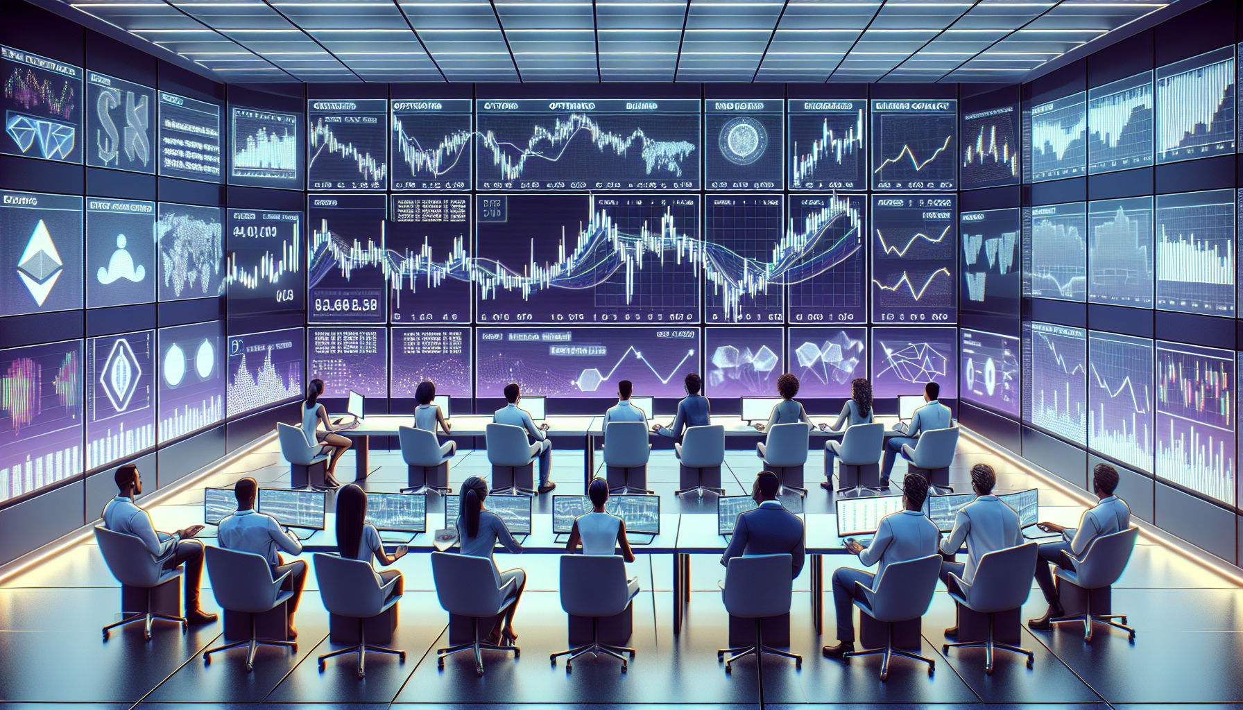 Create an image depicting a futuristic trading room filled with digital screens displaying dynamic charts and graphs related to cryptocurrency investments. In the center of the room, a diverse group of investors, both engaged in trading and strategizing, utilize OKX