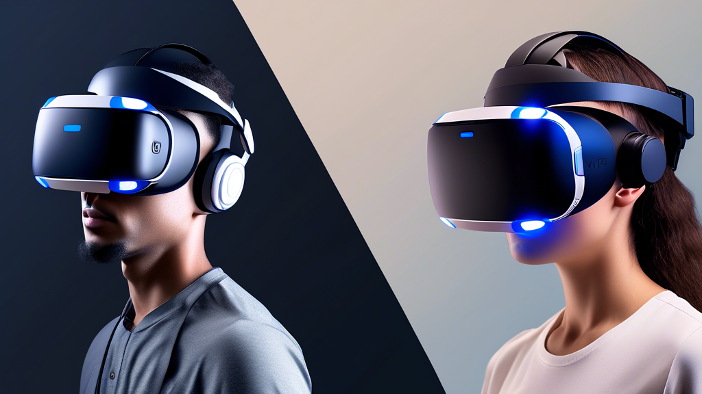 Create an image that features a side-by-side comparison of the PSVR headset and several other popular VR headsets, such as Oculus Quest, HTC Vive, and Valve Index. Each headset should be labeled with its name and price. Include visual representations of key features and specifications, such as resolution, field of view, and compatibility. The background should be a tech-inspired design with charts and graphs subtly integrated to emphasize the value-for-money analysis theme. The image should convey a sense of comparison, value assessment, and informed decision-making for potential buyers.