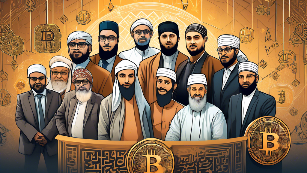 Create an image that depicts a diverse collection of prominent Islamic finance gurus, each portrayed in a unique artistic style, surrounded by symbols of cryptocurrency such as Bitcoin and Ethereum logos. Include elements that represent Islamic culture, such as geometric patterns and Arabic calligraphy. Each guru should be shown engaged in activities related to their expertise, such as writing, speaking at a conference, or analyzing financial data on a screen. The overall composition should suggest a sense of interconnectedness, illustrating how these experts are shaping the discourse on cryptocurrency in the realm of Islamic finance.