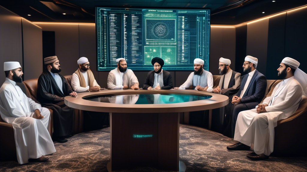 Create an image of a diverse group of distinguished Islamic finance gurus engaged in a thoughtful discussion about the future of cryptocurrency. The setting is a modern conference room with a large digital screen displaying cryptocurrency charts and symbols. Each guru is dressed in traditional Islamic attire, symbolizing their cultural heritage, while holding futuristic tablets or holographic devices, representing the intersection between tradition and modern finance. The atmosphere is one of collaboration and forward-thinking, illustrating their insights and predictions on how cryptocurrency can align with Islamic economic principles. The scene captures a balance between reverence for tradition and excitement for technological advancement.