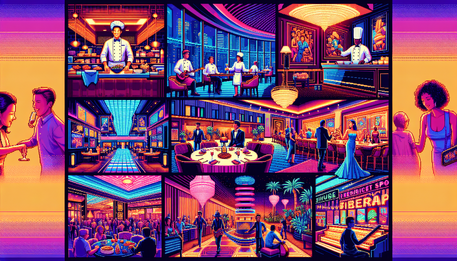 Create an image that captures the vibrant and diverse experience of visiting a new casino, focusing on the comprehensive range of dining, entertainment, and amenities available. The scene should depict an elegant casino interior with luxurious dining options, showcasing both a gourmet restaurant with a renowned chef at work and a stylish casual eatery bustling with patrons. Include elements of live entertainment, such as a jazz band performing on a stage, and lively casino-goers enjoying the scene. Also feature luxurious accommodations with a glimpse of a high-end spa and boutique shopping area, highlighting the indulgent and comprehensive experience that a new casino offers. The image should convey a sense of excitement and opulence, with dynamic lighting and rich colors.