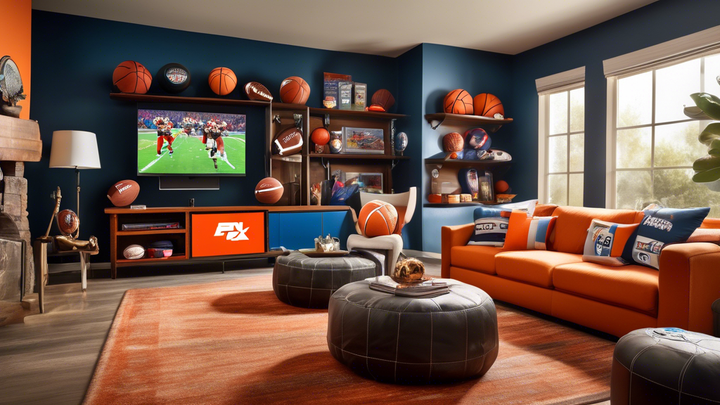 Create an image of a vibrant sports-themed living room, showcasing multiple TV screens each displaying a different sports channel available on fuboTV, such as ESPN, Fox Sports, and NBC Sports. Include details like a plush couch and sports memorabilia, such as soccer, basketball, and football gear. The room should exude excitement and energy, suggesting the perfect setup for sports fans to enjoy live sports events and exclusive streams.