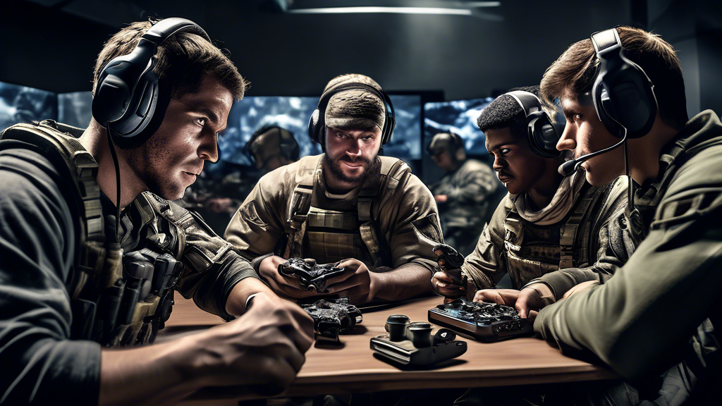 Create a dynamic and engaging image showcasing a group of diverse gamers intensely focused on playing Call of Duty on PlayStation 4 consoles. Include elements that emphasize teamwork and strategy, such as a virtual battlefield in the background with characters from the game. Additionally, highlight essential gaming accessories like specialized headsets, controllers, and snacks around the players. The scene should capture the excitement and camaraderie of the Call of Duty community, featuring vibrant colors and a modern gaming setup.