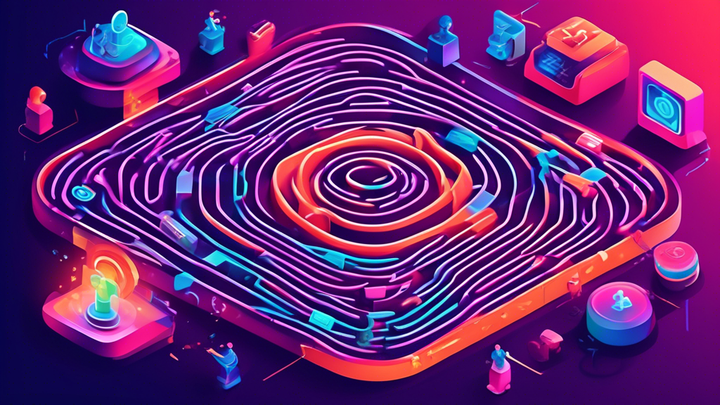 Create an image illustrating the concept of best practices and precautions when using free web proxies to unblock content. The scene should depict a digitally stylized labyrinth with various safe paths highlighted in bright colors, symbolizing protective measures like security software and HTTPS usage. Scattered along the paths are cautionary signs warning against potential risks, such as Avoid Suspicious Proxy Sites and Beware of Insufficient Privacy Settings. A figure at the entrance, representing a user, is equipped with digital armor, symbolizing cybersecurity, and holds a map guiding them safely through the labyrinth, capturing the essence of navigating restrictive online environments safely.