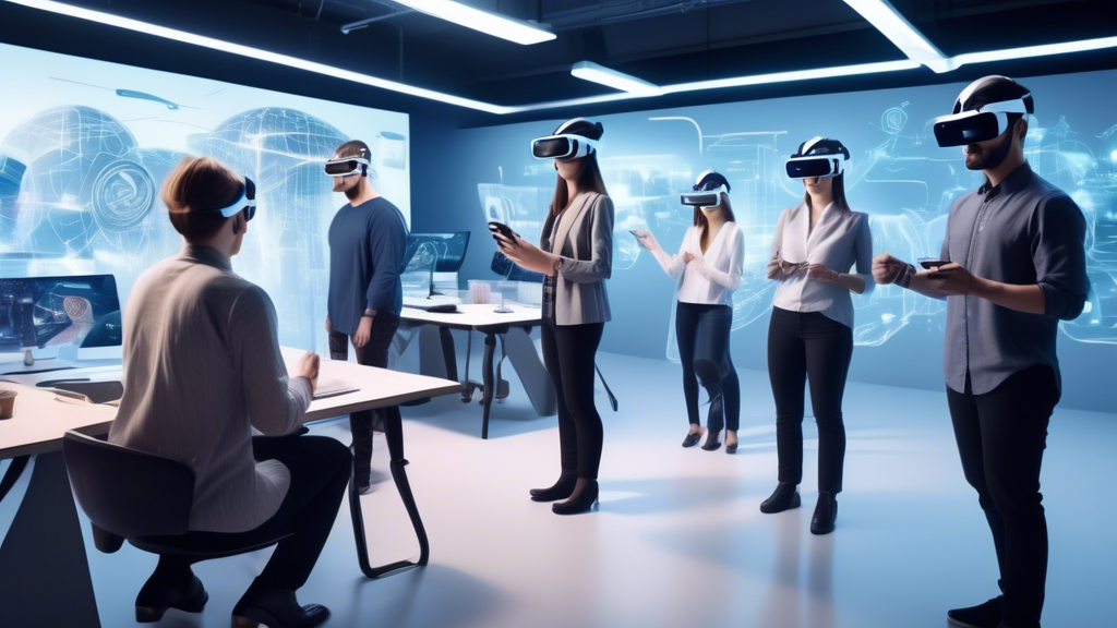 Create an image depicting a futuristic office environment where employees are using augmented reality (AR) headsets and virtual reality (VR) stations to carry out various business operations. In the scene, one group of employees is engaged in a virtual training session, learning new skills with immersive 3D models. Nearby, a design team collaborates remotely using AR to visualize and modify a product prototype in real-time. Highlight holographic displays and digital interfaces seamlessly integrated into the workspace, emphasizing how these technologies streamline workflows, enhance collaboration, and reduce operational costs. The atmosphere should convey a sense of innovation and efficiency driven by AR and VR solutions in business operations.