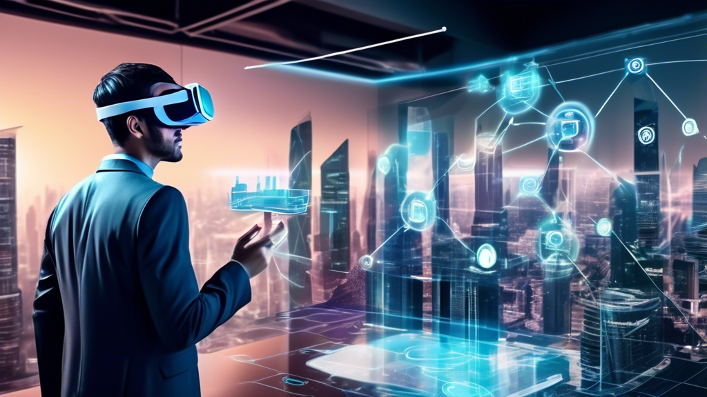 Create an image illustrating a futuristic business landscape where augmented reality (AR) and virtual reality (VR) are seamlessly integrated into everyday operations. Include visual elements such as holographic business meetings taking place in virtual environments, employees using AR glasses to interact with 3D projections of data, and virtual marketplaces where businesses showcase innovative products. The scene should convey a sense of innovation and technological advancement, highlighting the transformative potential of AR and VR in shaping new business strategies and market opportunities. Emphasize a vibrant and dynamic atmosphere, reflecting a future where these technologies are pivotal in gaining a competitive edge.