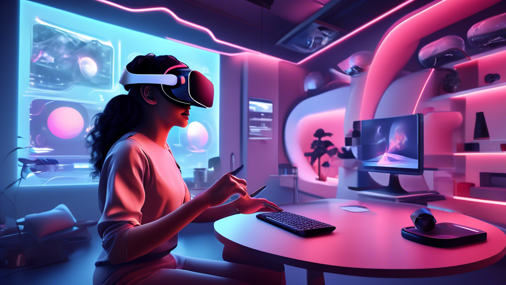 Create an illustration showing a futuristic virtual reality setup with the Oculus Quest 2 headset at the center. The scene should depict a step-by-step guide for accessing adult VR content on the headset, including elements like digital download icons, system requirements checklists, privacy settings adjustments, and troubleshooting icons. The overall atmosphere should convey a sense of advanced technology and user accessibility, capturing the process of transforming a regular Oculus Quest 2 setup into a gateway for immersive adult VR experiences.