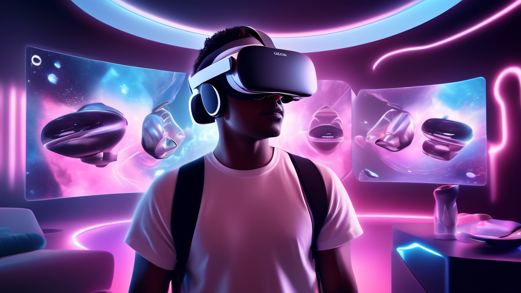 Create an image depicting a futuristic scene illustrating the evolution of adult VR content on the Oculus Quest 2. The background features a blend of advanced technology elements like digital holograms and virtual interfaces. In the foreground, an Oculus Quest 2 headset is prominently displayed, surrounded by imaginative projections of future trends and potential advancements in adult VR technology. Include subtle hints at possible regulations or restrictions, like digital padlocks or secure privacy icons. The overall atmosphere should convey a balance of innovation and foresight in the realm of virtual reality.