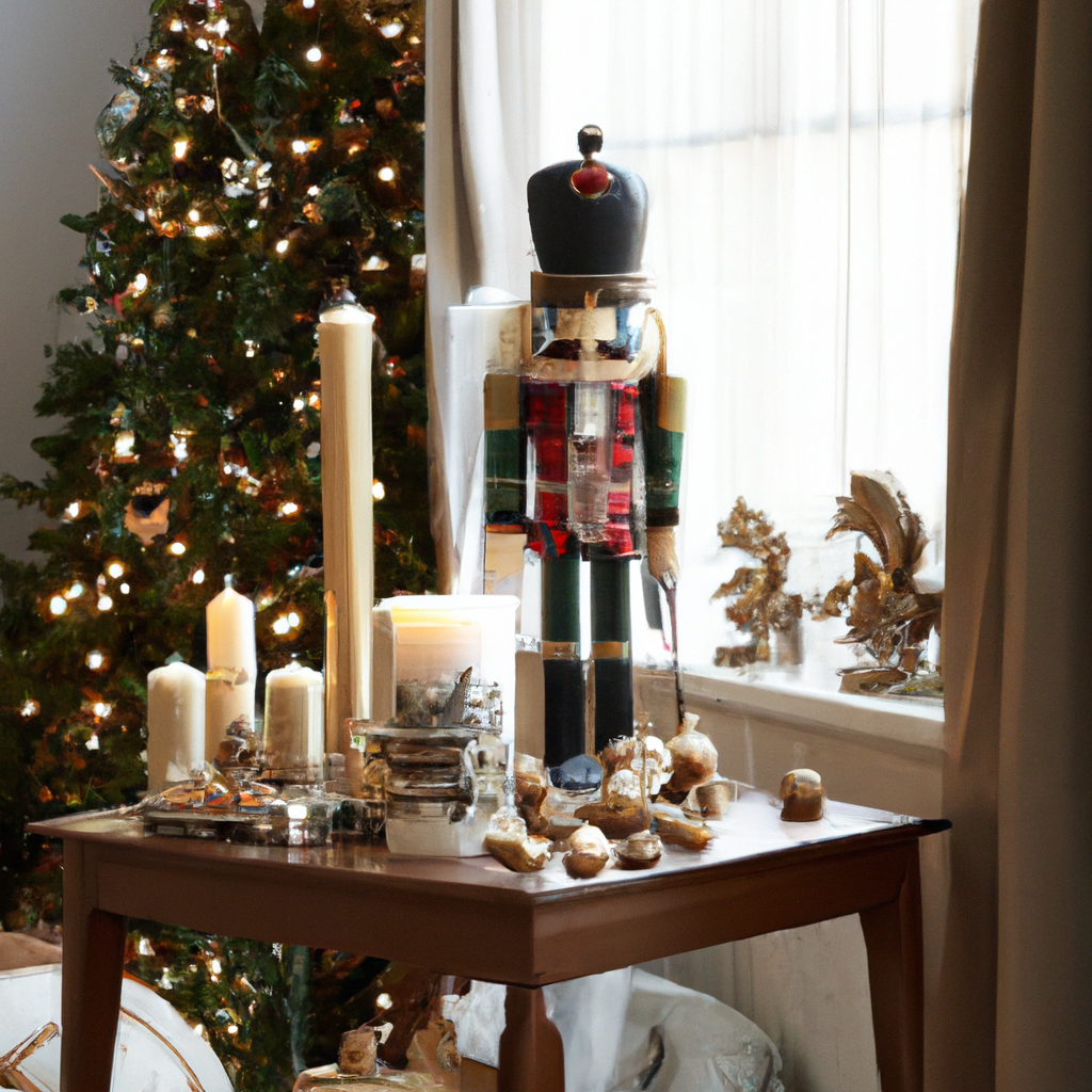 Create an interior design scene featuring a nutcracker candle elegantly styled in a cozy living room setting. The room should blend traditional and contemporary elements, showcasing the nutcracker candle as a centerpiece. Include suggestions for candle placement, such as on a mantelpiece or coffee table, and how it pairs with other decorative items like lush throws, festive ornaments, and modern furniture. Highlight the candle