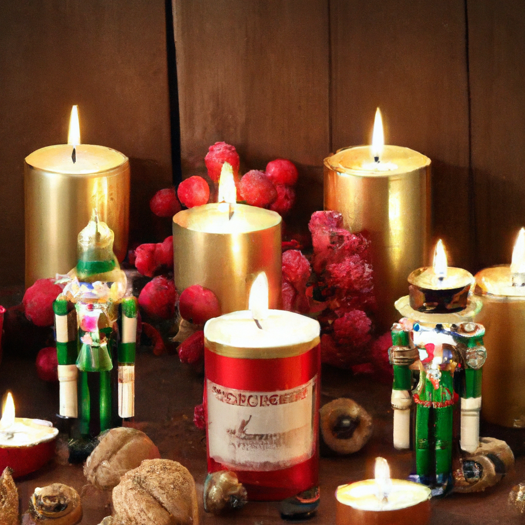 Create an image that showcases a beautifully detailed nutcracker candle collection arranged on a rustic wooden table. Each candle varies in size and design, from classic nutcracker soldier figures to more whimsical interpretations. Surround the candles with delicate pine cones, sprigs of evergreen, and subtle warm lighting to evoke a sense of holiday charm. Include small tags that indicate details such as wax type, fragrance options, and burn time to represent key factors in choosing the perfect nutcracker candle. The setting should exude a cozy and inviting ambiance, perfect for guiding users in selecting the ideal candle for their home.