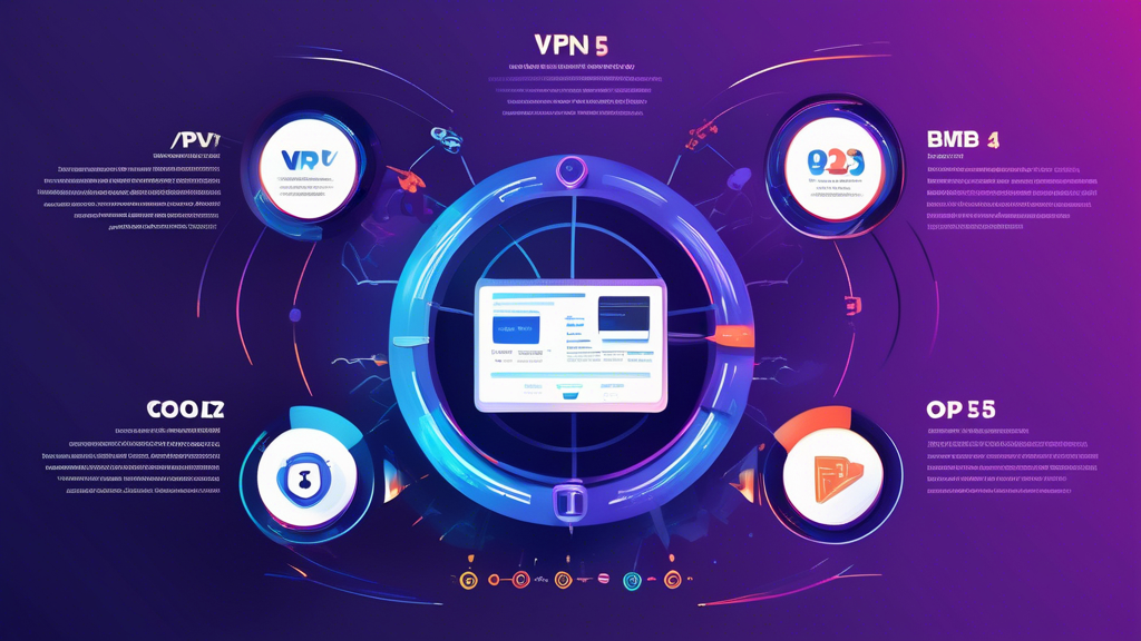 Create an infographic showcasing the top 5 VPN providers for streaming in 2023. Include key features such as speed and performance analysis, support for popular streaming services, and user-friendliness. Use a modern and sleek design with icons representing each VPN, and incorporate visual elements that highlight benefits like security and access to global content. The color scheme should be vibrant and engaging to attract viewers interested in streaming and digital privacy.