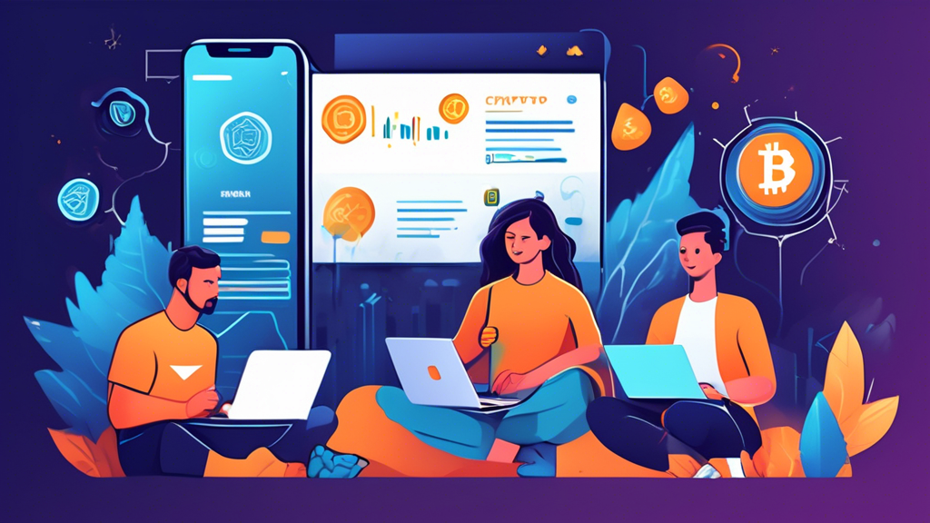 Create an illustration of a beginner-friendly crypto investment scene, featuring a diverse group of people each exploring their own crypto strategy. The setting should include a large Crypto Investment Board in the background, displaying simple graphics and tips like Start Small, Diversify, and Stay Informed. Show people using laptops and smartphones, with speech bubbles that contain friendly advice and warnings against scams. Highlight the atmosphere of learning and cautious optimism. The image should convey a sense of community and support among crypto beginners, with vibrant and inviting colors to encourage safe and informed investment practices.