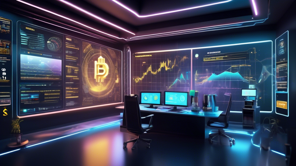 Create an image depicting a futuristic, tech-savvy trader room filled with holographic displays showcasing advanced trading tools and features on Binance. The room is modern and sleek, with cryptocurrency icons like Bitcoin and Ethereum hovering in mid-air. In the background, a digital board highlights Binance