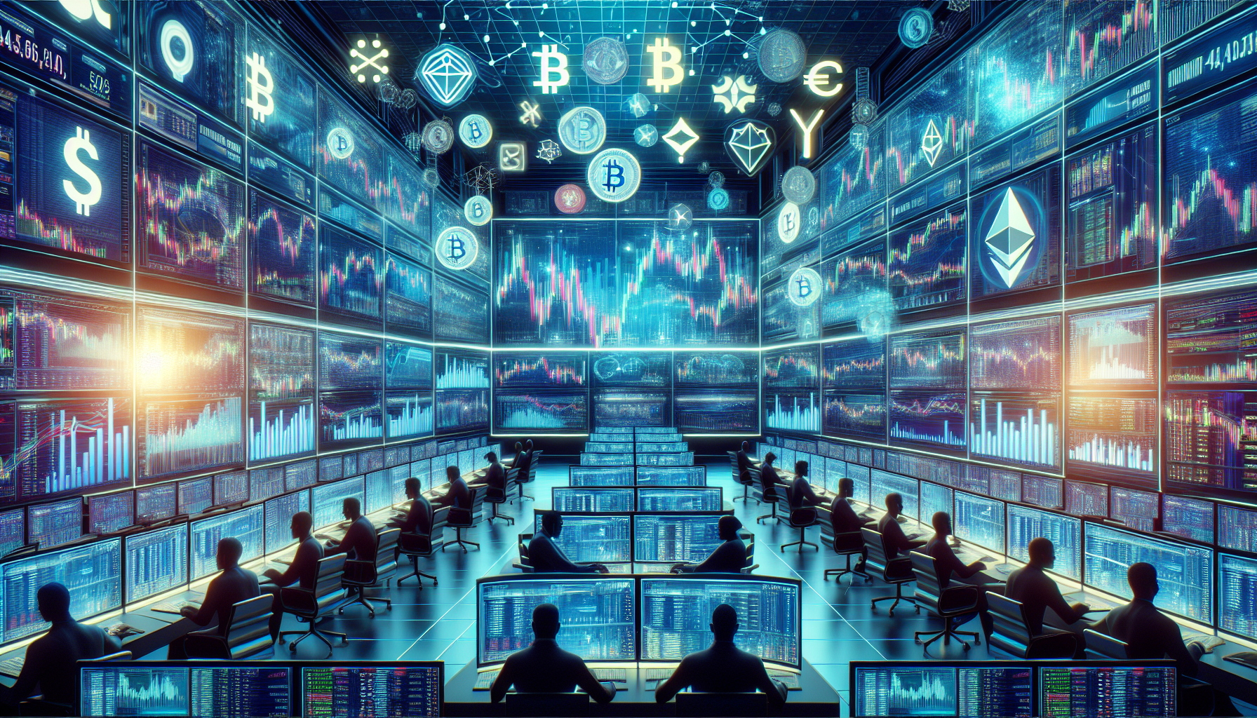 Create an image of a modern, high-tech trading room filled with multiple screens displaying real-time data, charts, and analytics tools. There are digital representations of various cryptocurrencies like Bitcoin and Ethereum, alongside traditional forex currency symbols like the USD and EUR. In the foreground, a diverse group of traders, both human and AI avatars, are actively engaging with the data, employing different strategies. The setting should convey a sense of dynamic energy, highlighting advanced tools and strategies for trading on crypto forex platforms. Include visual elements that represent algorithmic trading and blockchain technology subtly intertwined in the background.