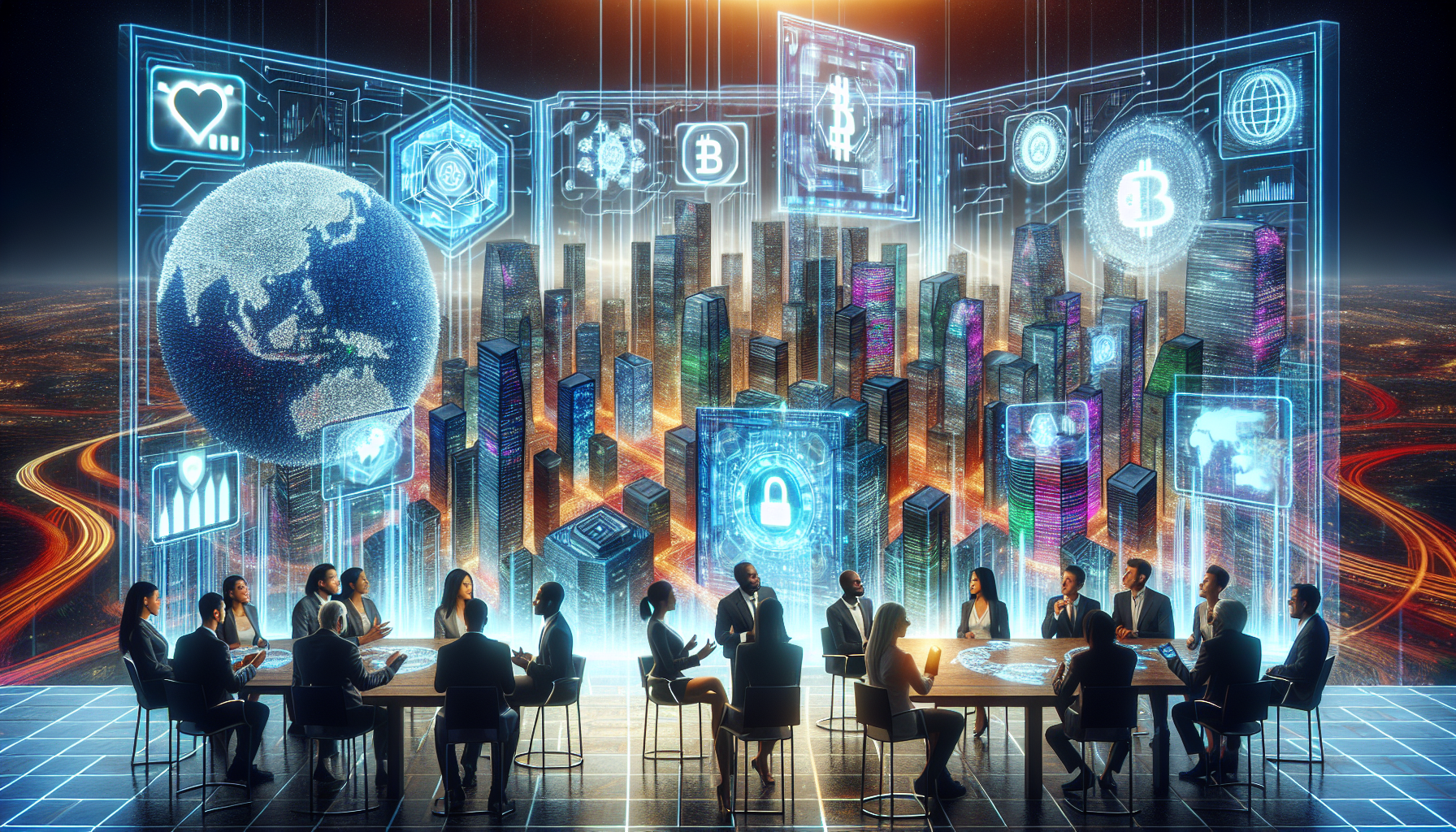 Create an image of a futuristic digital cityscape representing the security and regulation of crypto forex trading platforms. The skyline should include virtual skyscrapers made of illuminated blockchain networks, symbolizing the transparent and secure infrastructure of these platforms. In the foreground, visualize a diverse group of international regulators and traders engaged in a discussion, surrounded by holographic displays of global cryptocurrency regulations. The atmosphere should convey a sense of safety and organization, with visual elements that highlight the cross-cultural collaboration in the regulation of crypto forex trading.