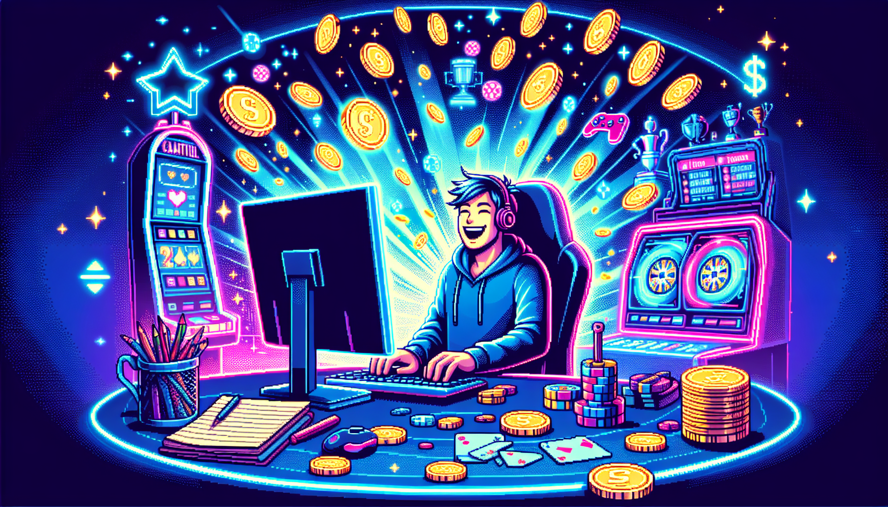 Create a vibrant and dynamic digital illustration showcasing an enthusiastic player at their computer, surrounded by a glowing aura of virtual currency symbols like Gold Coins and Sweeps Coins, suggesting a successful moment at LuckyLand Casino. The background should subtly feature a variety of game elements like playing cards, slot machine reels, and tournament trophies in the shadows, hinting at strategic gameplay and upcoming tournaments. Include visual cues like a notepad with tips and strategies written on it, depicting the player