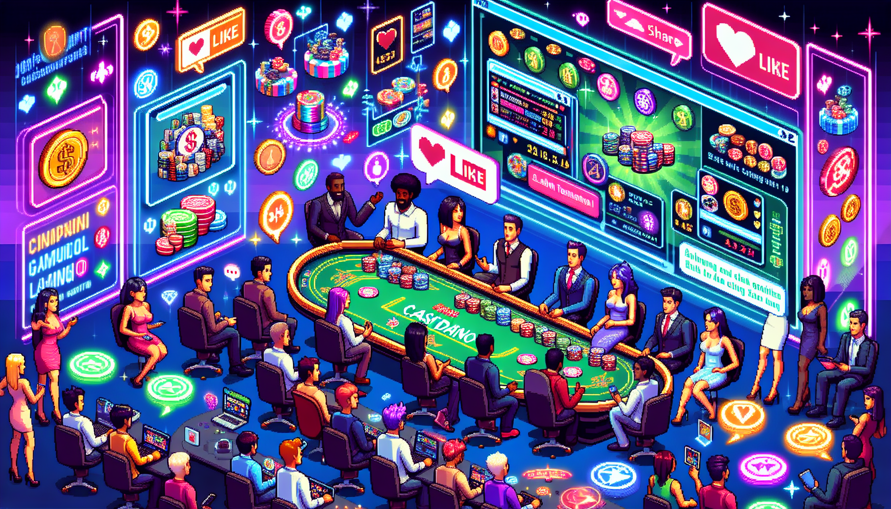 Create an image depicting a vibrant and dynamic online gaming community centered around LuckyLand Casino. The scene includes a diverse group of enthusiastic virtual avatars gathered around an interactive digital forum on a large screen. Some avatars are engaged in animated discussions, while others are sharing strategies and tips. The background features colorful icons representing various casino games and notifications of recent promotions and events. Include visual elements that hint at the inclusion of social media platforms, like floating icons of like, share, and comment, symbolizing the lively exchange of ideas. The atmosphere should be lively and inviting, capturing the essence of a connected and informed gaming community.