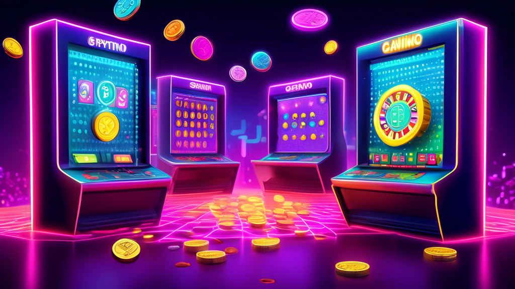 An illustrative scene depicting a vibrant Plinko casino environment where players are using cryptocurrencies to engage in games. The image should showcase a large, colorful Plinko board with coins dropping down into various prizes, symbolizing the exciting gameplay. Highlight digital currency symbols like Bitcoin and Ethereum in bright neon colors around the board, emphasizing the integration of crypto in the gaming experience. Include elements that represent security and privacy, such as a digital lock or shield. Capture the essence of modern online casinos with a futuristic and engaging atmosphere.