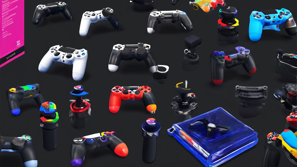 Create an informative and visually appealing image depicting a range of PlayStation 4 joystick customizations. Include elements like customizable joystick settings interface on a gaming screen, maintenance tools like cleaning wipes and tools, and third-party accessories such as grips and thumbsticks. Showcase these items against a backdrop of a vibrant gaming environment, with a PlayStation 4 console and games visible, emphasizing a gaming enthusiast’s workspace. The image should convey a sense of optimization and enhancement of the PlayStation 4 joystick experience.