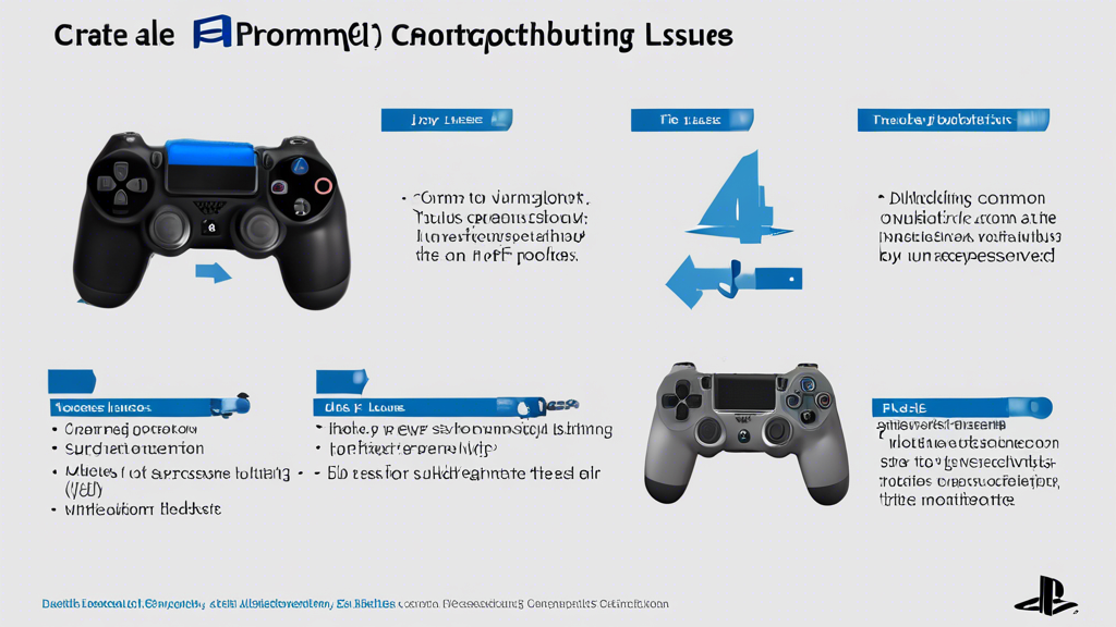 **DALL-E Prompt:** Create an informative infographic illustrating common troubleshooting issues with the PlayStation 4 joystick. Include visual elements such as icons representing connectivity problems, unresponsive buttons, and joystick drift. Additionally, show a step-by-step visual guide to resolving these issues, as well as a comparison image highlighting when to seek professional repair versus considering replacement options. Use a modern design style, incorporating the PlayStation color scheme and branding.